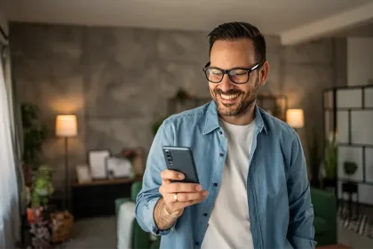 Un hombre sonriendo y enviando un mensaje de texto en su smartphone.