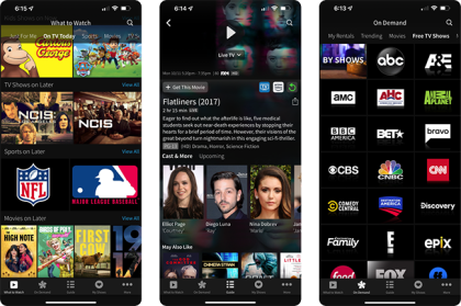Capturas de pantalla de la aplicación de streaming de TV de Breezeline que muestran sugerencias, una pantalla con el detalle de una película y una lista de canales On Demand.