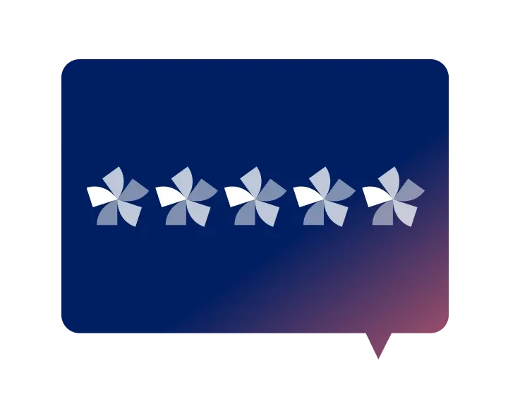 Cinco estrellas estilizadas en blanco y gris, con aspecto de molinete, centradas sobre un globo de diálogo en azul y violeta en degradé, sobre un fondo blanco.