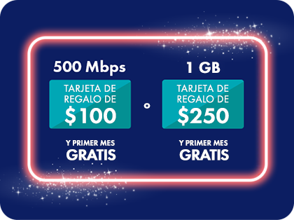 500 Mbps con una tarjeta de regalo de $100 y el primer mes gratis, o 1 Gigiabits con una tarjeta de $250 y el primer mes gratis.