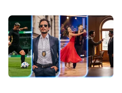 Un collage de cuatro paneles con escenas de TV: un jugador de fútbol, un hombre con un traje y una placa de policía, una pareja bailando y dos hombres en una confrontación tensa en una oficina.