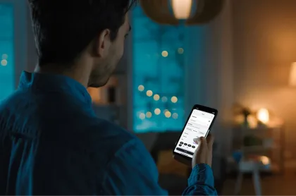 A man uses a smartphone at night to adjust focus or bedtime settings on a mobile app.