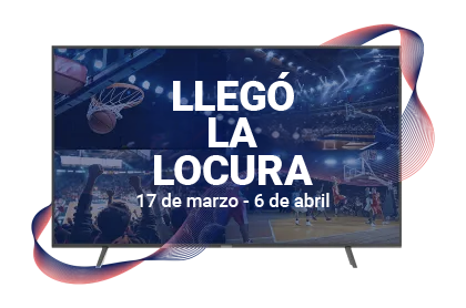 Una pantalla de televisión muestra "LLEGÓ LA LOCURA" (17 de marzo - 6 de abril) sobre un collage de baloncesto, enmarcado por remolinos de neón azules y rosas brillantes.