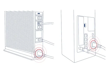 Boceto de un módem con cable de alimentación y botones.