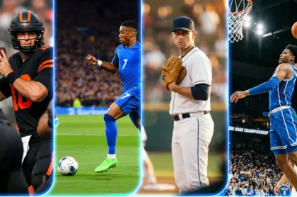 Un collage de deportes donde se ven cuatro atletas en acción: un mariscal de campo de fútbol americano, un jugador de fútbol gambeteando, un lanzador de béisbol y un jugador de baloncesto saltando.