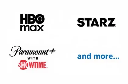 Logotipos de los servicios de streaming HBO Max, STARZ y Paramount+ con Showtime, junto con el siguiente texto en azul: "y más...".