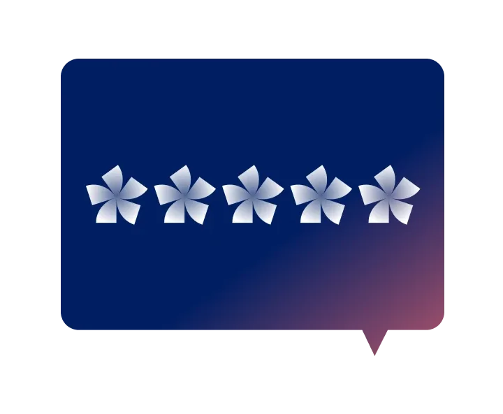 Cinco estrellas estilizadas en blanco y gris, con aspecto de molinete, centradas sobre un globo de diálogo en azul y violeta en degradé, sobre un fondo blanco.
